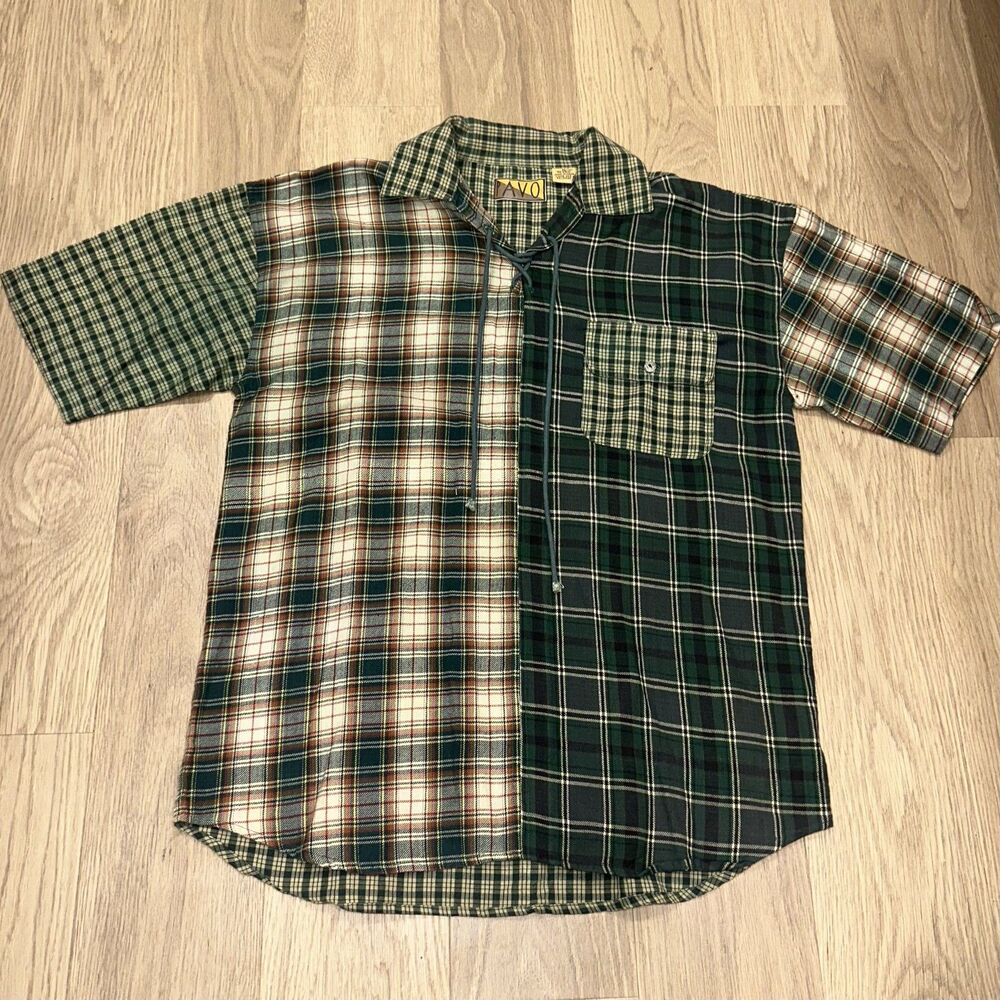 Vintage Pavo Lace Up Front Flannel Patchwork Plaid Short Sleeve Shirt Medium